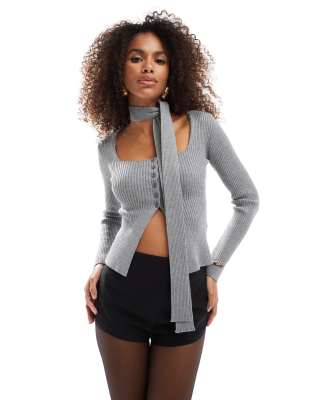 Bershka ribbed cardi with neck tie in grey