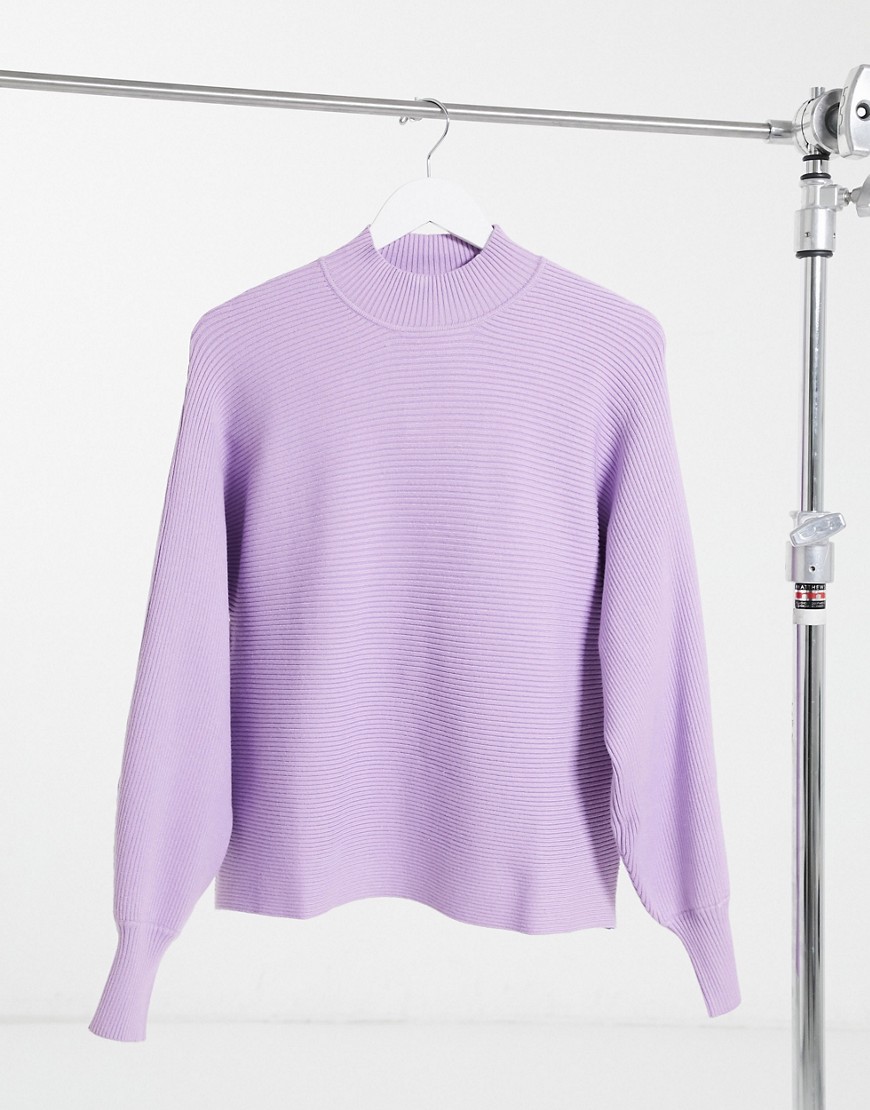 BERSHKA RIBBED CREW NECK SWEATER WITH BALLOON SLEEVES IN LILAC-BROWN,6906/645/612