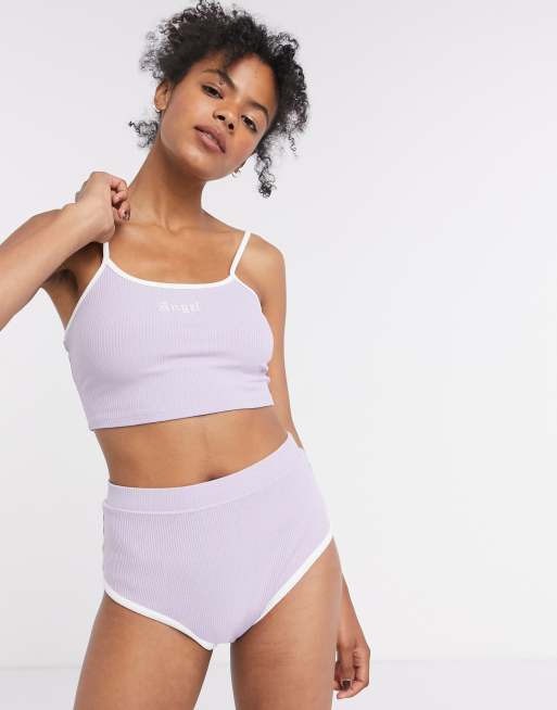 Bershka ribbed crop top and short angel slogan pj set in purple