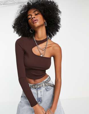 Bershka ribbed cut out asymmetric top in chocolate