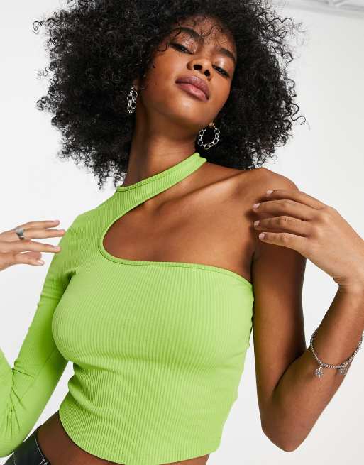 Bershka ribbed cut out asymetric top in green