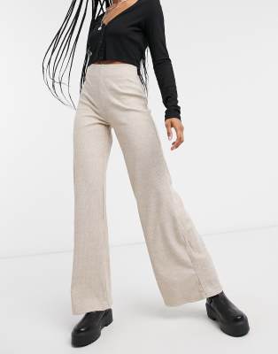 Bershka ribbed flare pants in white