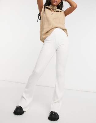 white ribbed flare pants