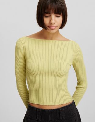 Bershka ribbed flared sleeve knitted top in pistachio green