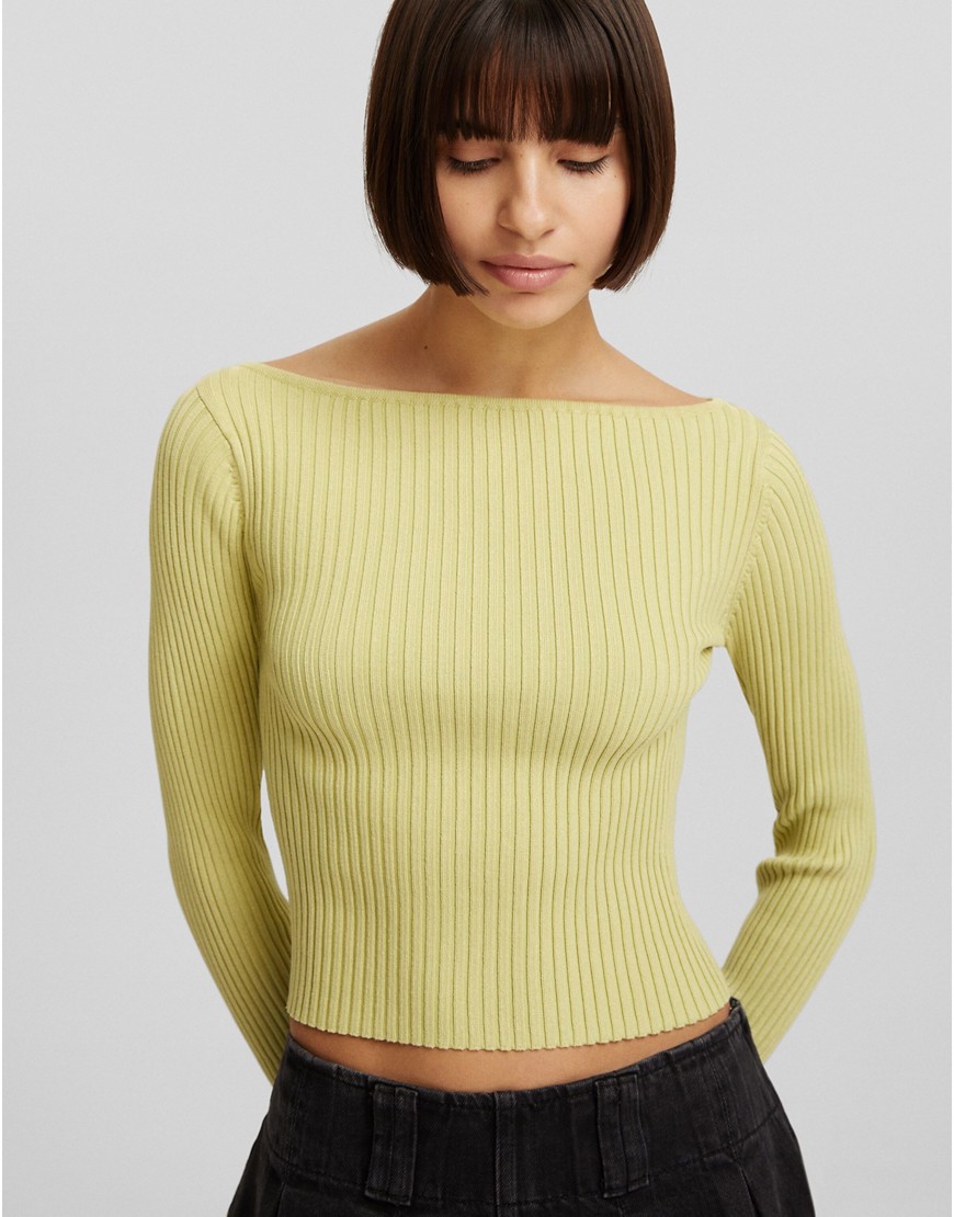 Bershka ribbed flared sleeve knitted top in pistachio green-Grey