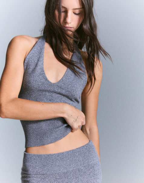Bershka Ribbed halter top in grey - view 1