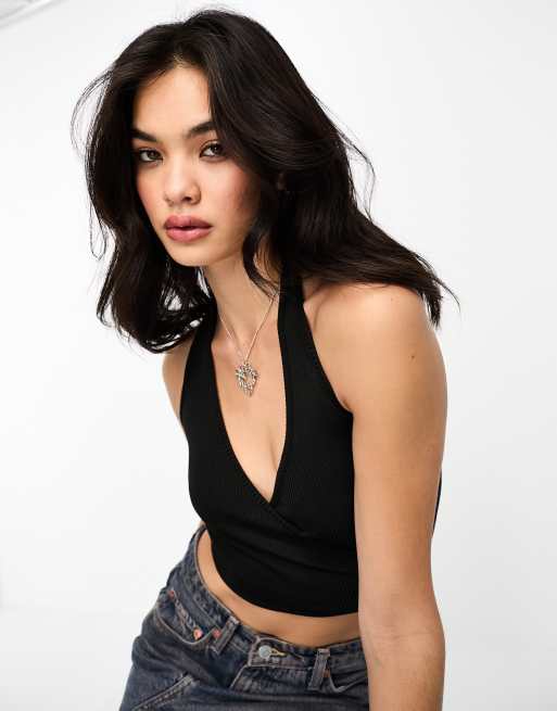 ASOS Ribbed High Neck Halter Crop in Black