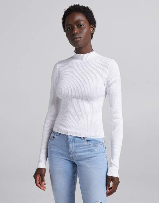 Bershka ribbed high-neck jumper in white