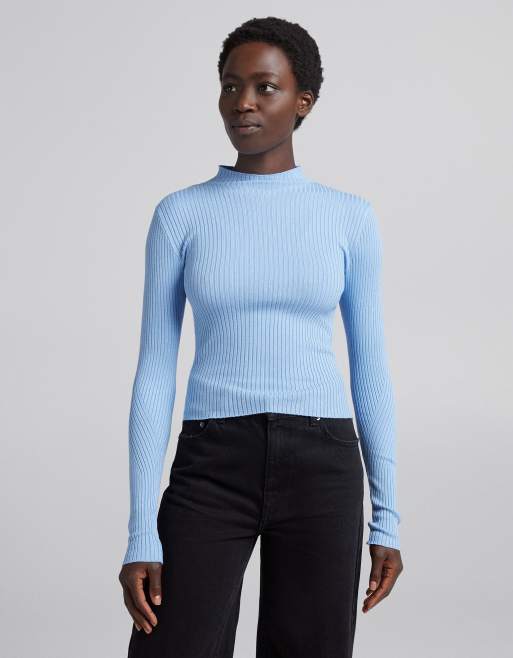 Bershka ribbed high neck neck jumper in blue | ASOS