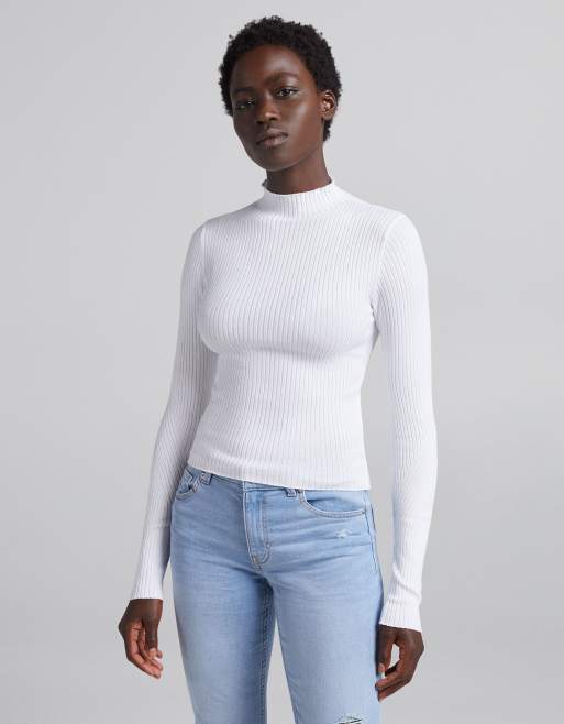 Bershka ribbed high neck sweater in white