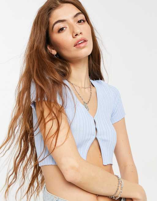 Bershka ribbed hook crop top in baby blue