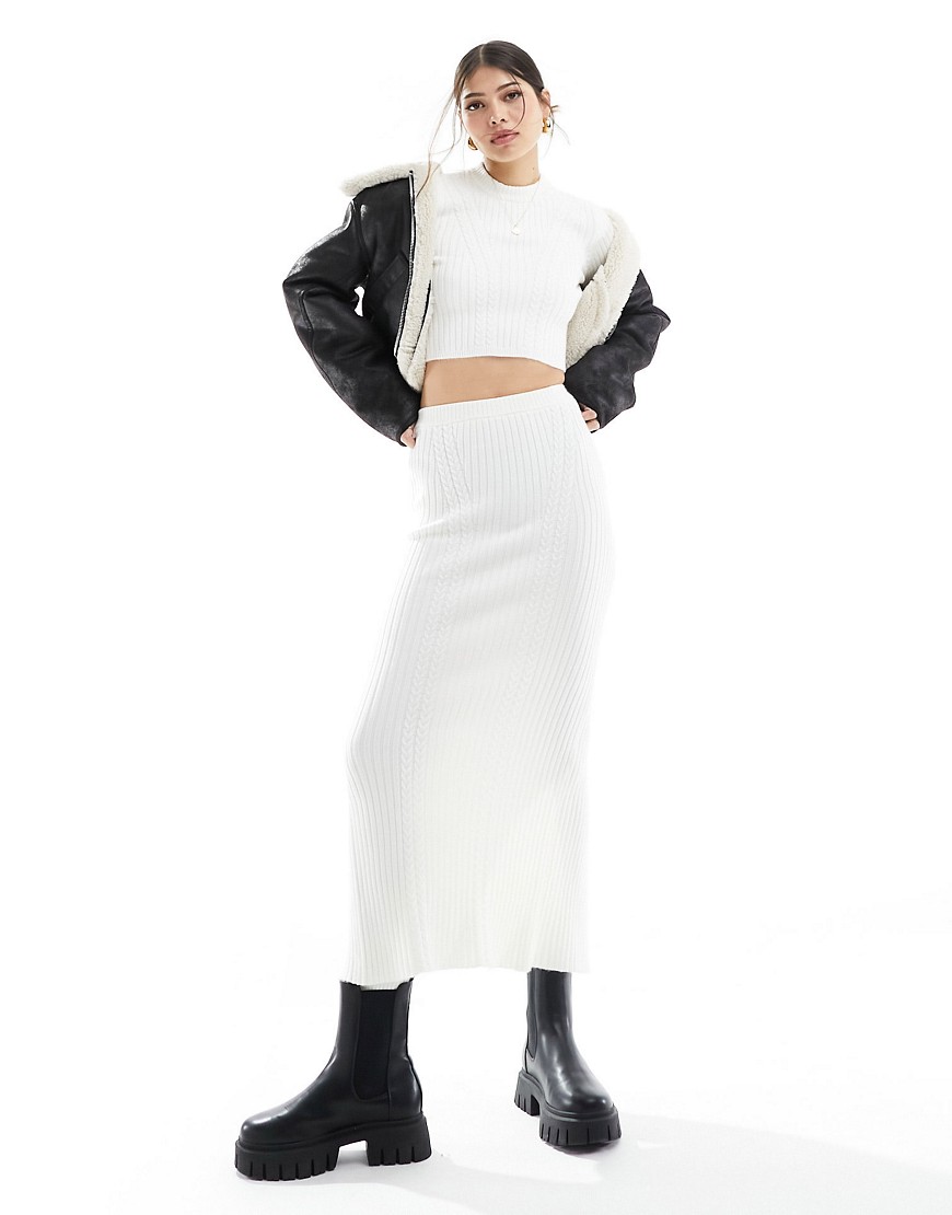 Bershka Ribbed Knit Bodycon Midi Skirt In Ecru - Part Of A Set-neutral