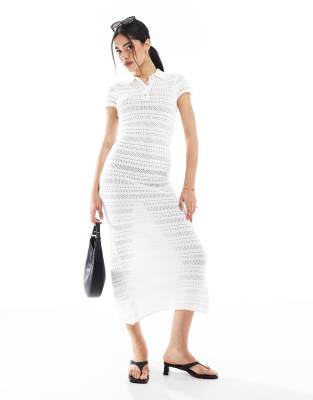 ribbed knit polo maxi dress in ecru-Neutral