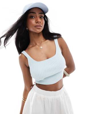 ribbed knit square neck top in pale blue