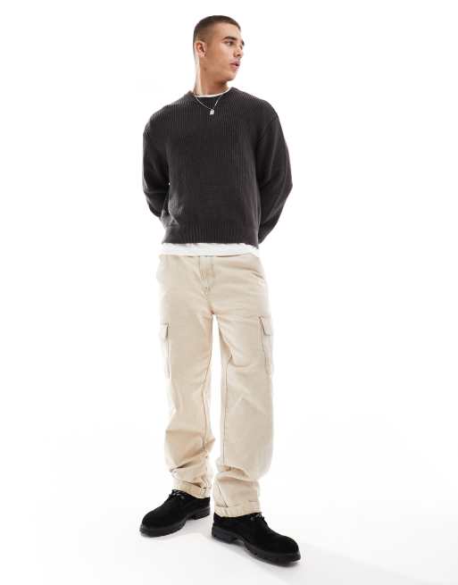 Bershka ダークグレー ニット Bershka ribbed knit sweater in dark gray | ASOS