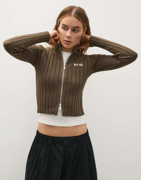 Bershka Ribbed knit zip-up cardigan in khaki - view 1