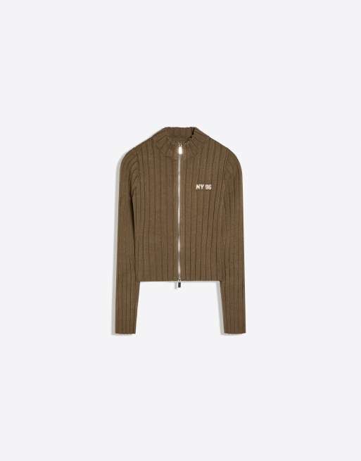 Bershka Ribbed knit zip-up cardigan in khaki, 5 of 5