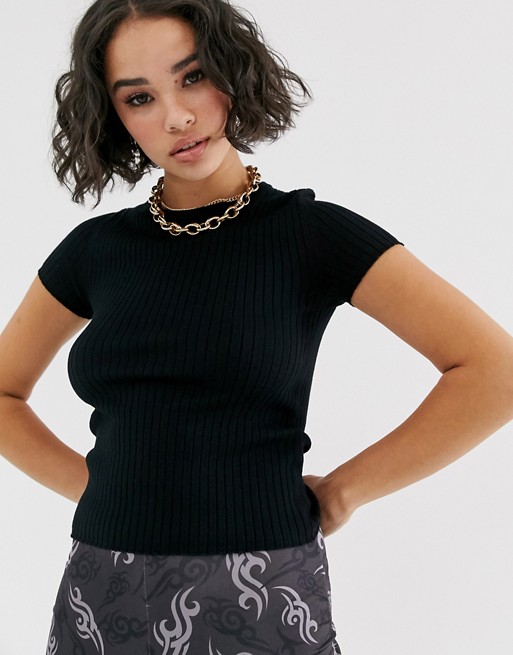 Bershka ribbed knitted shortsleeve top in black