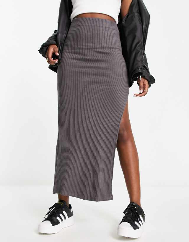 Bershka ribbed lettuce edge body-conscious midaxi skirt in gray