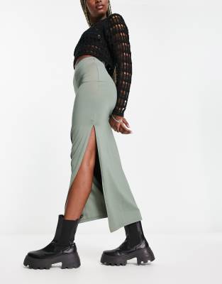 Bershka Ribbed Midaxi Skirt In Khaki-green