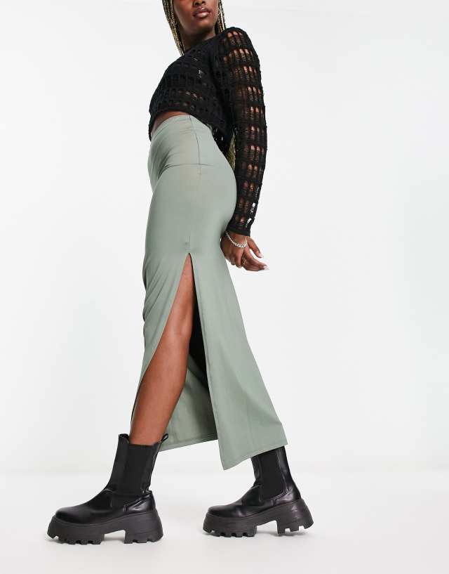 Bershka ribbed midaxi skirt in khaki