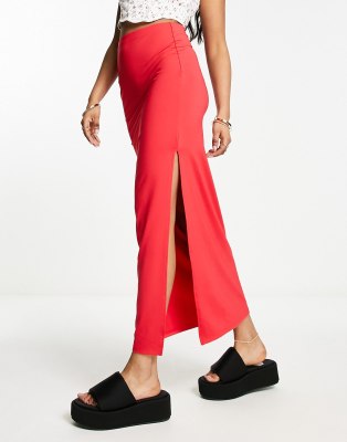 Bershka ribbed midaxi skirt in red