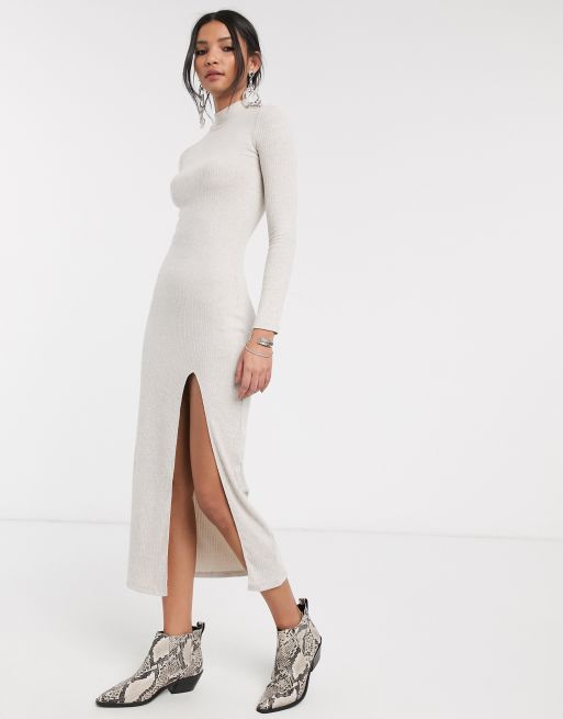 Bershka ribbed midi sweater dress in ecru