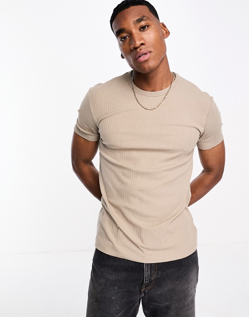 Bershka ribbed muscle fit T-shirt in beige-Neutral