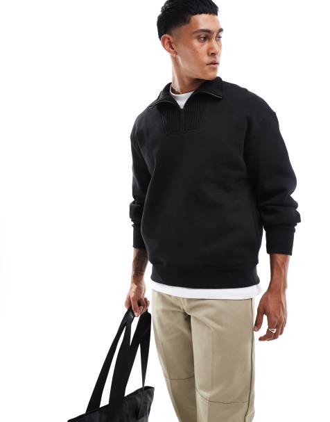 Bershka ribbed neck 1/4 zip sweater in black - view 1