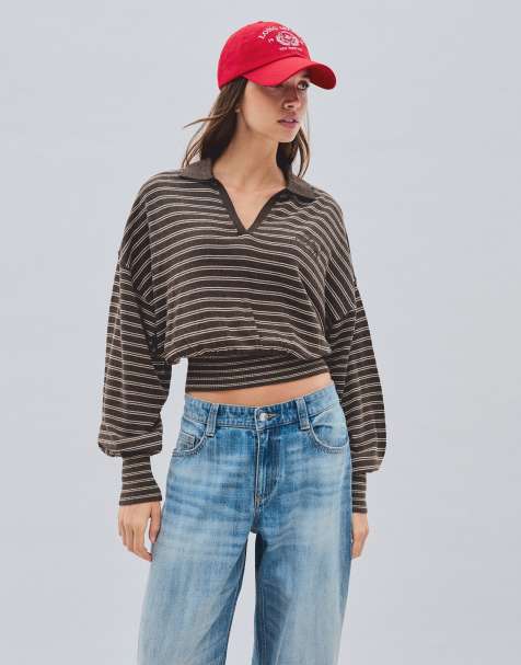 Bershka Ribbed polo collar jumper in brown - view 1