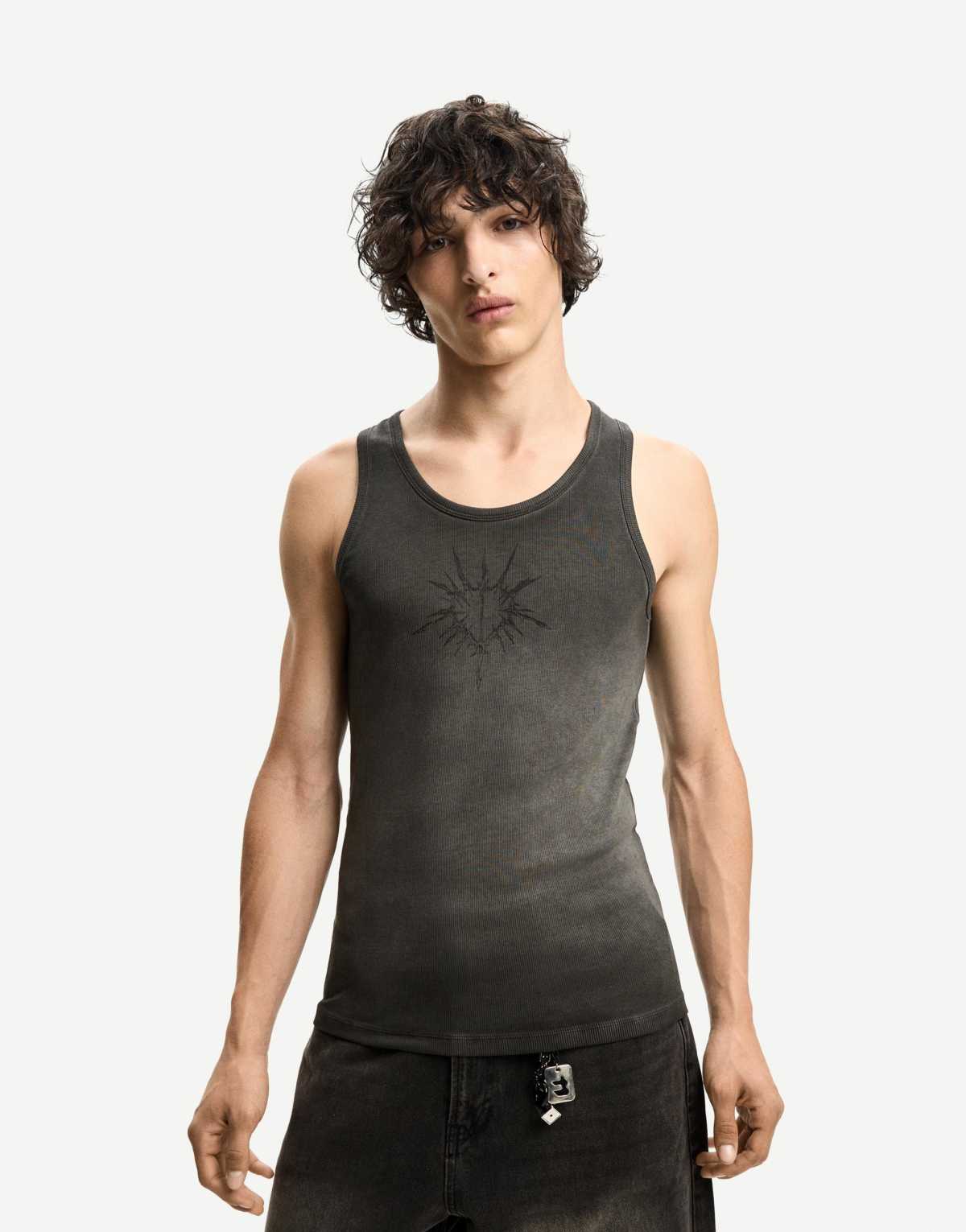 Bershka ribbed printed strappy t-shirt in black&white