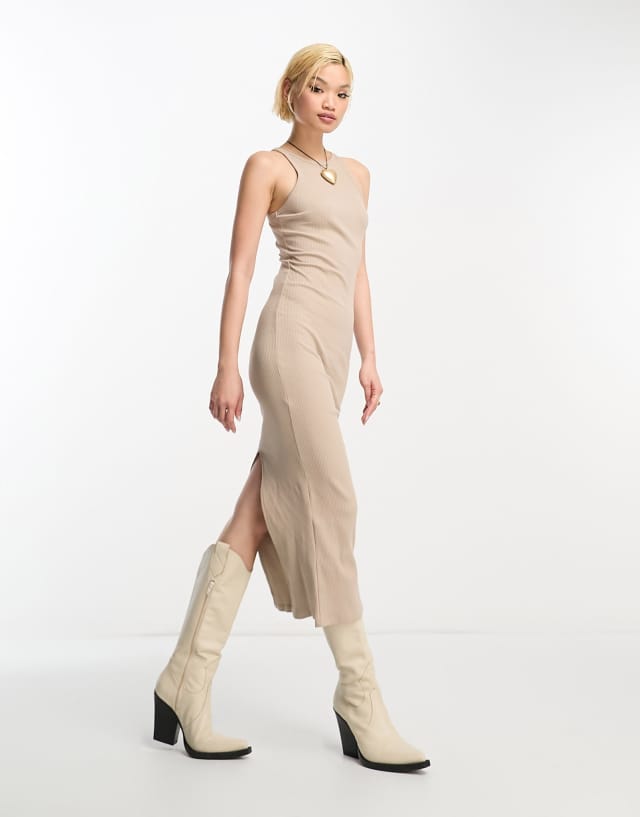 Bershka ribbed racer neck body-conscious midi dress in sand