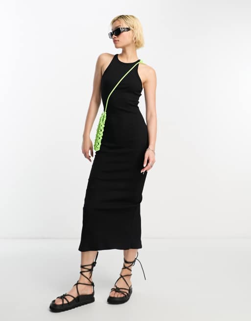 Bershka ribbed racer neck bodycon midi dress in black | ASOS