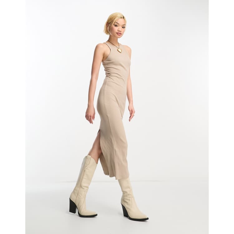 Bershka ribbed racer neck bodycon midi dress in sand | ASOS