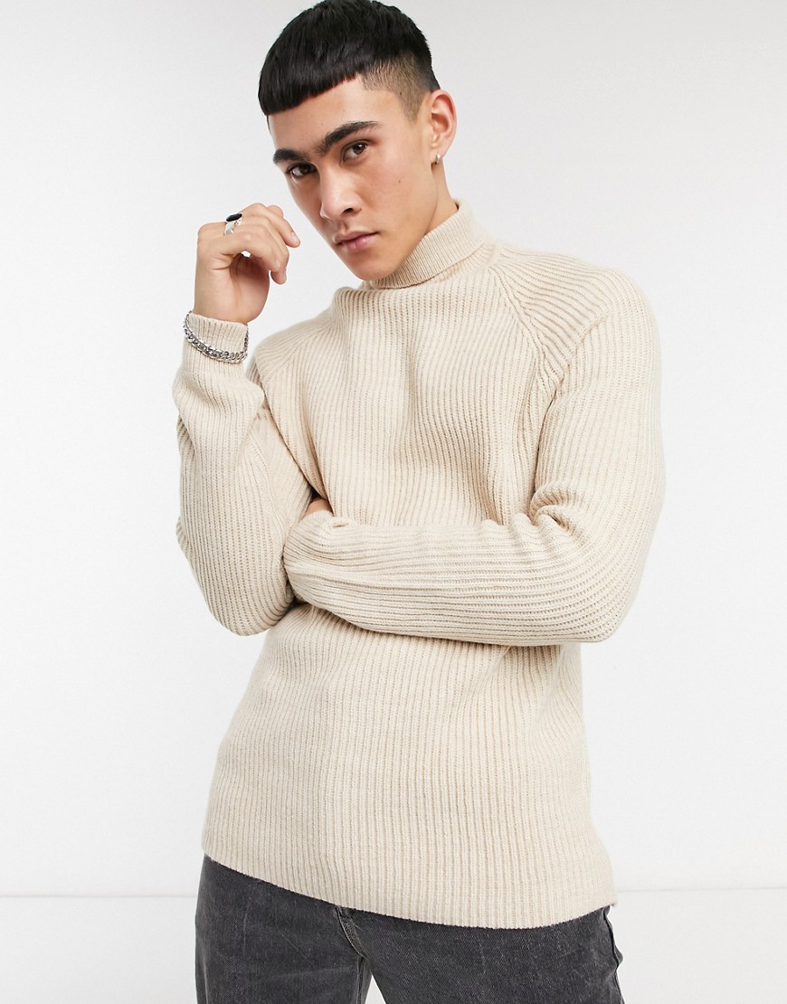 Bershka ribbed roll neck sweater in camel-Neutral