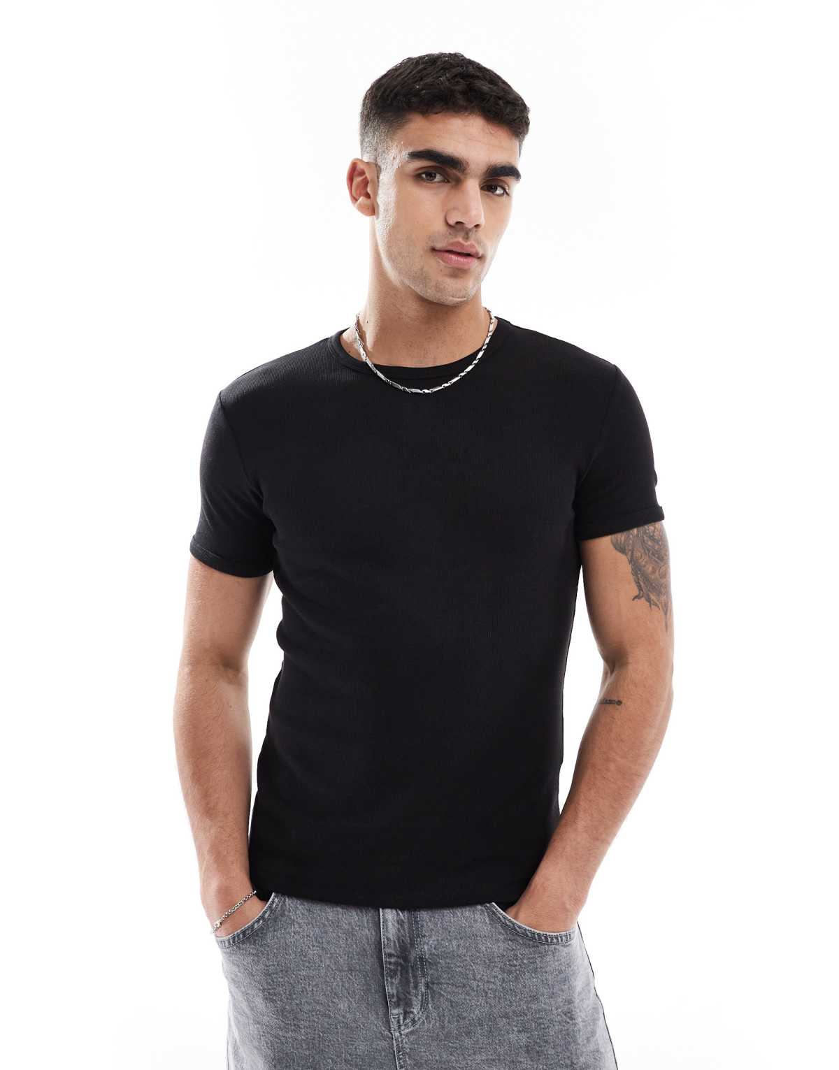 Bershka ribbed short sleeve t-shirt in black