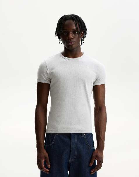 Bershka Ribbed short sleeve t-shirt in grey - view 1