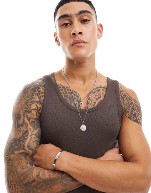 Bershka ribbed singlet in brown
