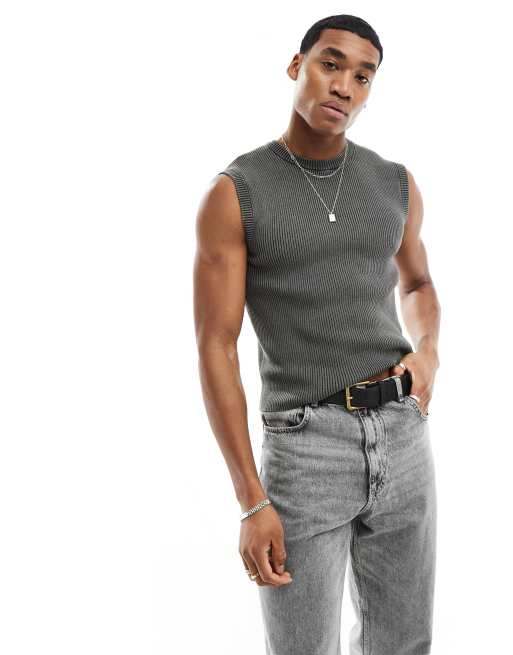 Bershka ribbed tank top in washed gray