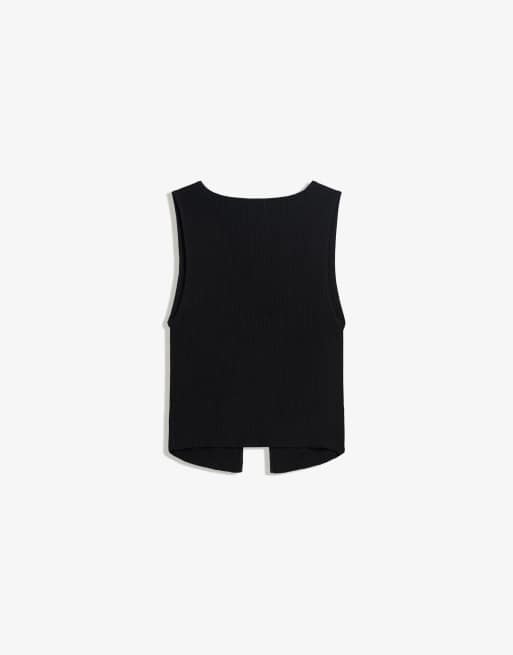 Bershka Ribbed vest with tie detail in black