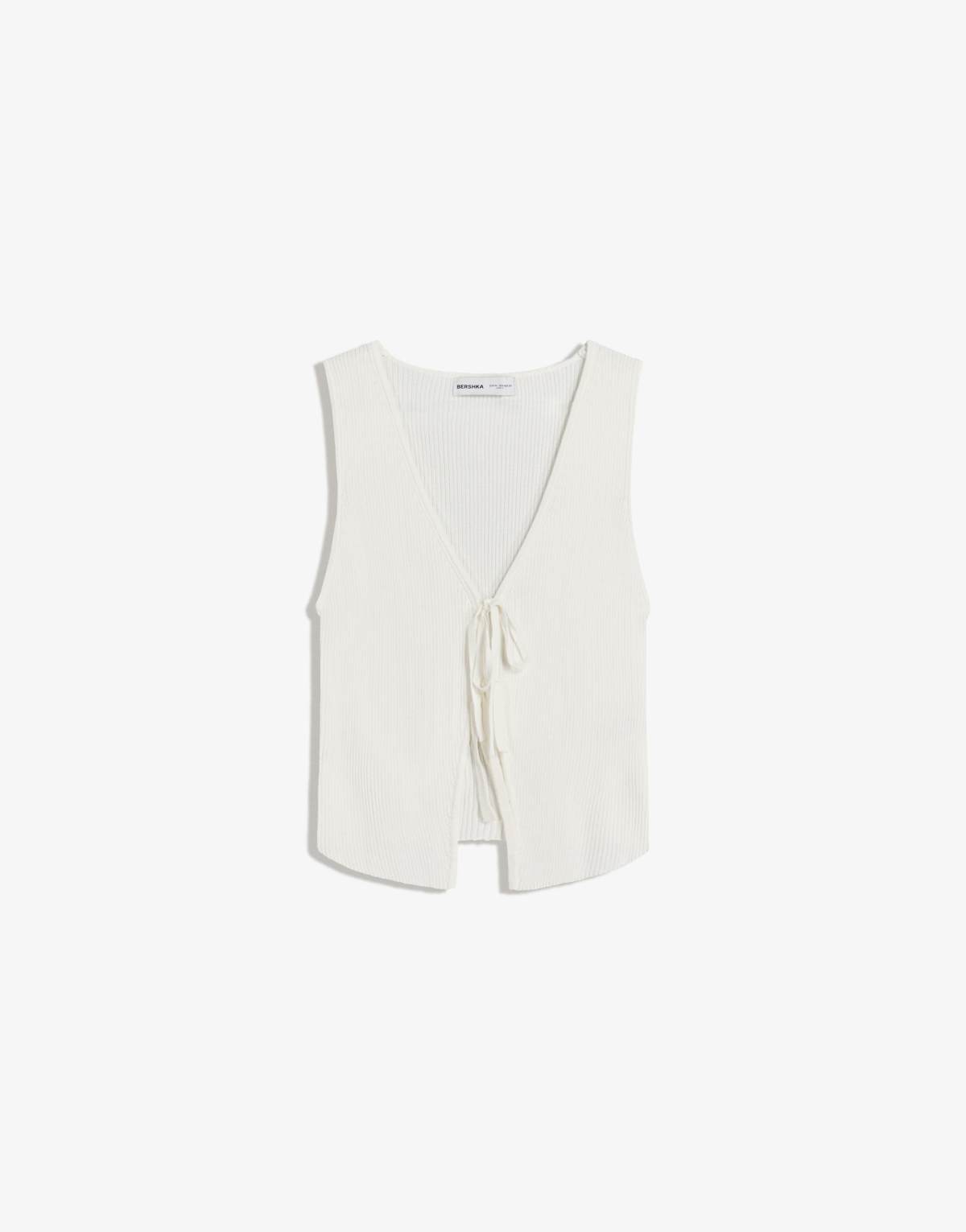 Bershka Ribbed vest with tie detail in white