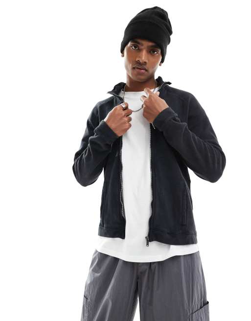 Bershka ribbed zip up funnel sweatshirt in charcoal