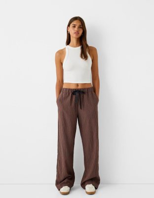 Bershka Ribbon Drawstring Waist Wide Leg Pants In Brown & Stripe-multi