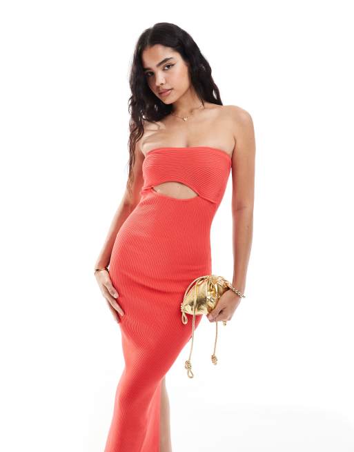 Bershka - Ribgebreide maxi jurk met uitsnijding aan de voorkant in rood