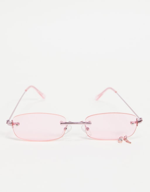 Bershka rimless 90s sunglasses with gem detail in pink, 2 of 4