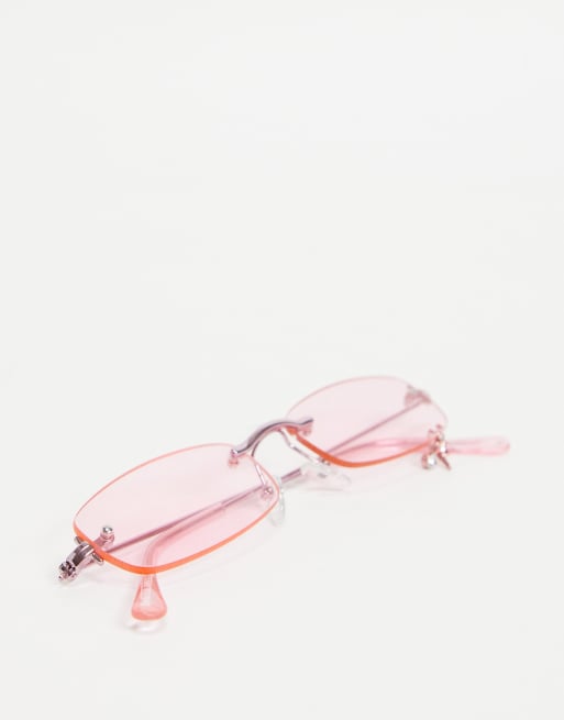 Bershka rimless 90s sunglasses with gem detail in pink, 3 of 4