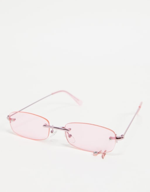 Bershka rimless 90s sunglasses with gem detail in pink, 4 of 4