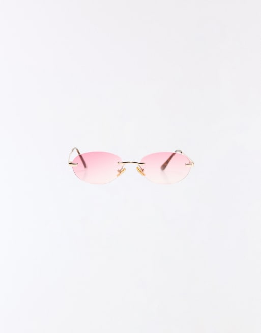 Bershka Rimless oval sunglasses in pink, 2 of 4