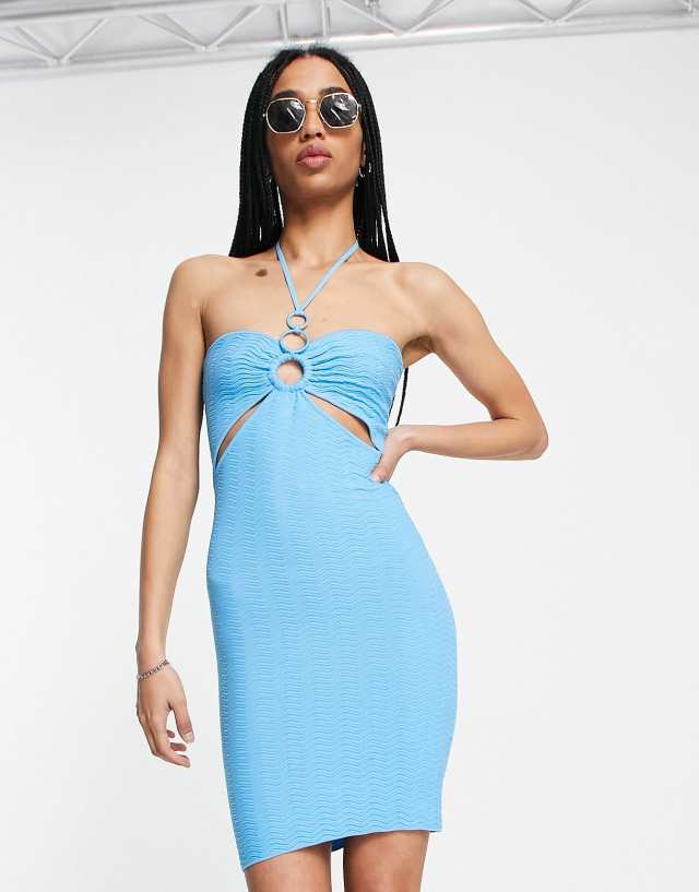 Bershka ring detail halterneck dress in blue