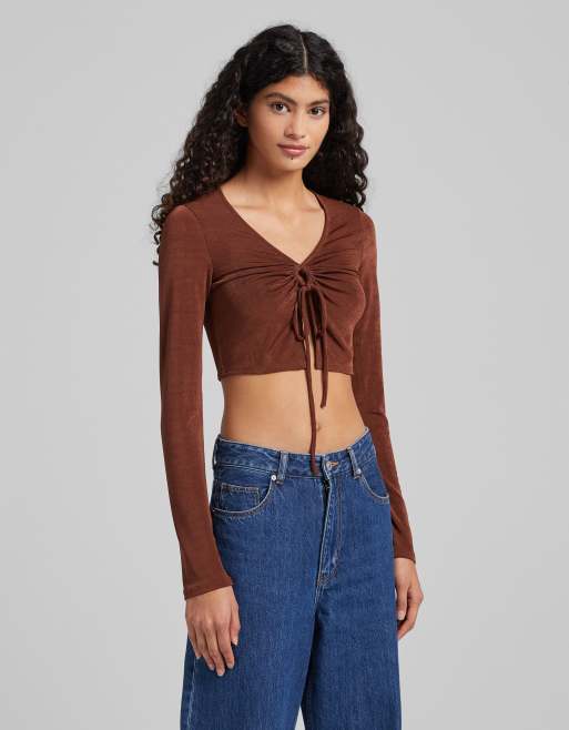 Bershka ring detail slinky top in chocolate